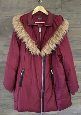 Roamans Womens Plus Size 1X Burgundy Faux Fur Hood Puffer Parka Jacket Coat